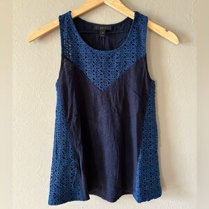 J. CREW Navy Blue Linen Eyelet Paneled Colorblock Tank Top